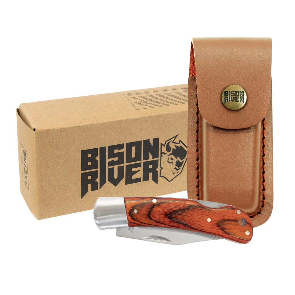 Bison River 4" Wood Folding Knife with Leather Sheath