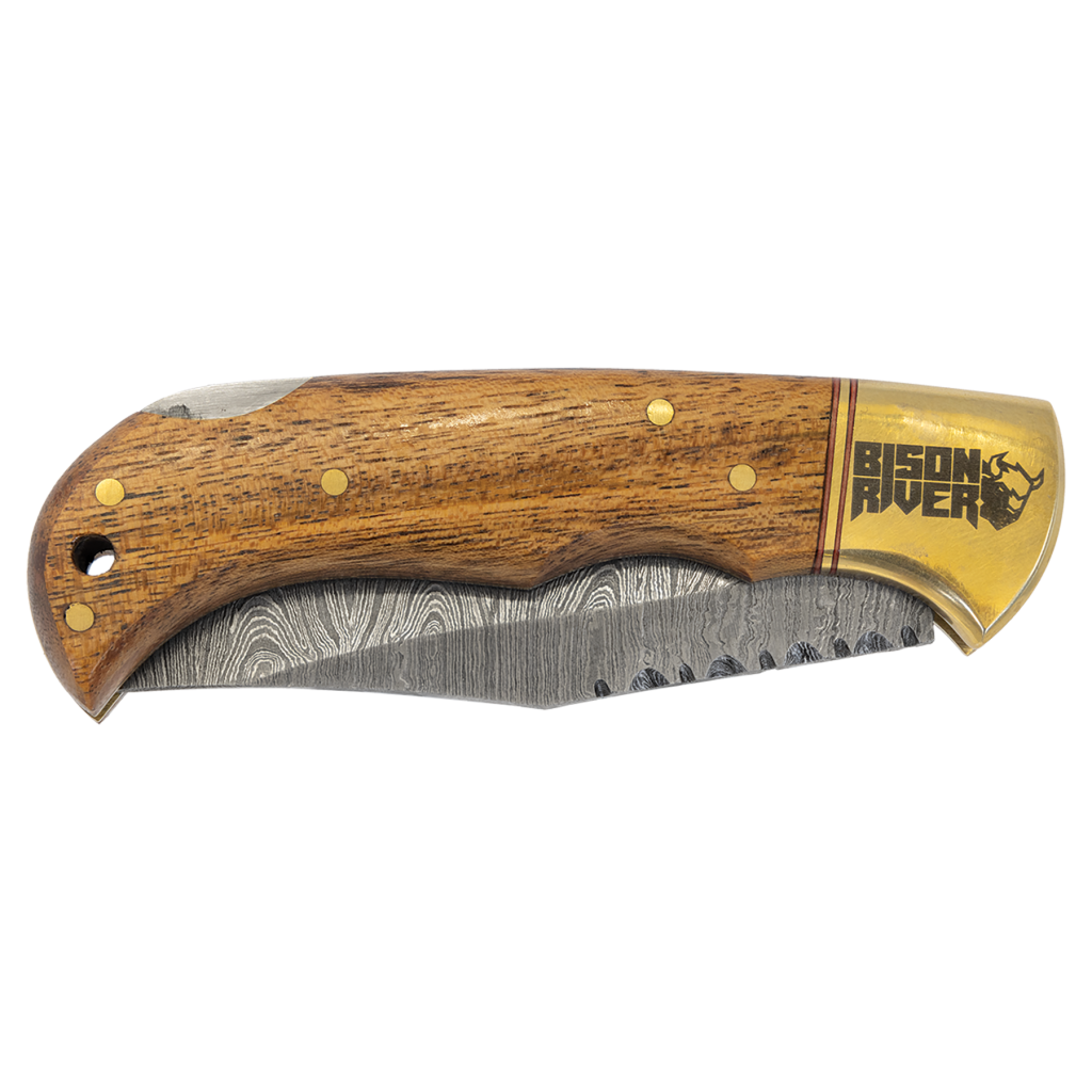 Bison River 3 3/4" Wood Folding Knife with Damascus Steel Blade and Leather Sheath