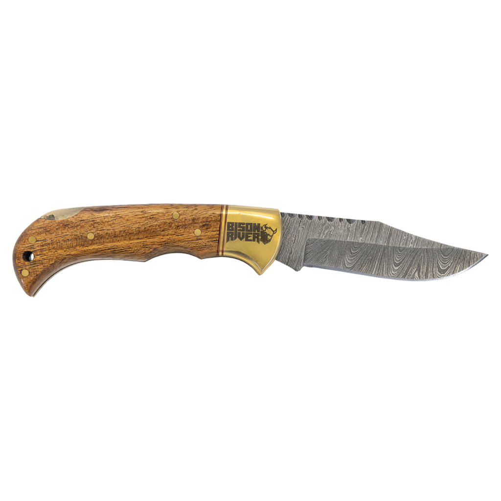 Bison River 3 3/4" Wood Folding Knife with Damascus Steel Blade and Leather Sheath