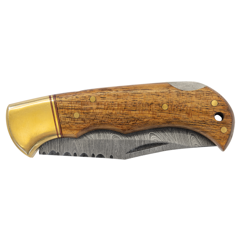Bison River 3 3/4" Wood Folding Knife with Damascus Steel Blade and Leather Sheath