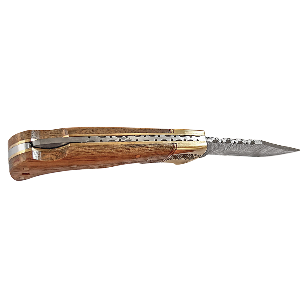 Bison River 3 3/4" Wood Folding Knife with Damascus Steel Blade and Leather Sheath
