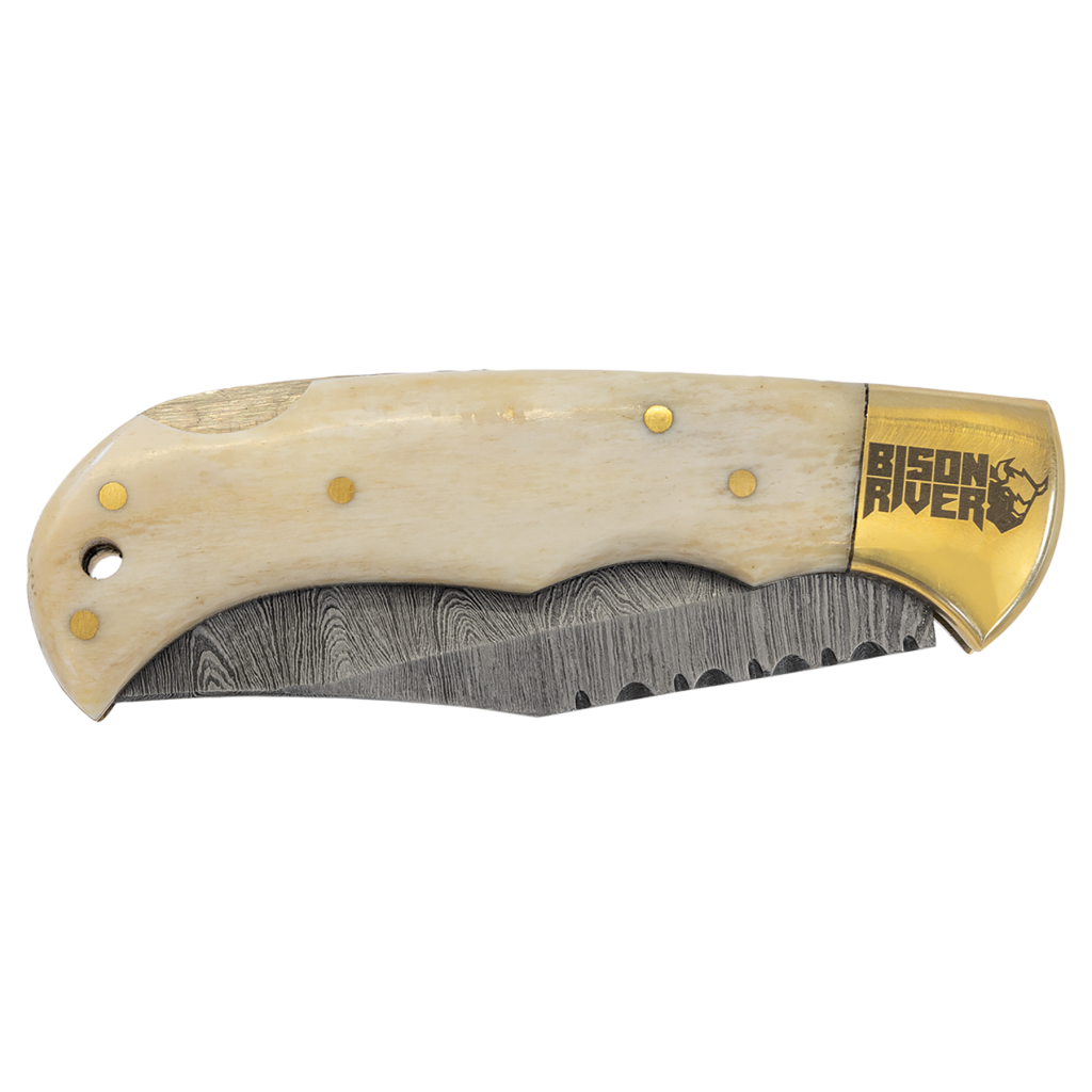 Bison River 3 3/4" Bone Folding Knife with Damascus Steel Blade and Leather Sheath