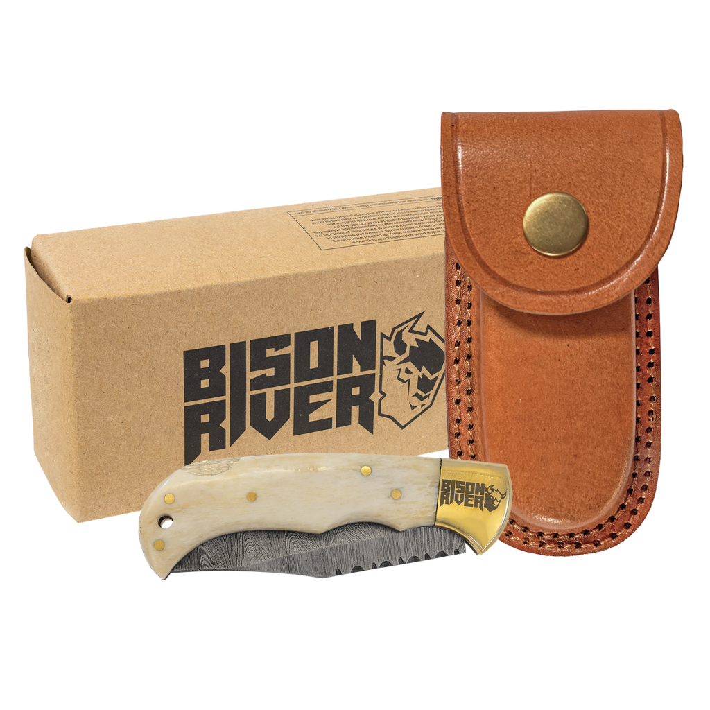 Bison River 3 3/4" Bone Folding Knife with Damascus Steel Blade and Leather Sheath