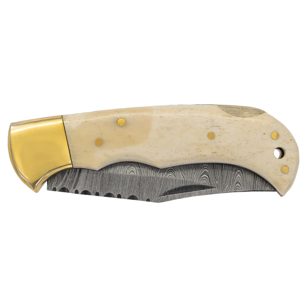 Bison River 3 3/4" Bone Folding Knife with Damascus Steel Blade and Leather Sheath