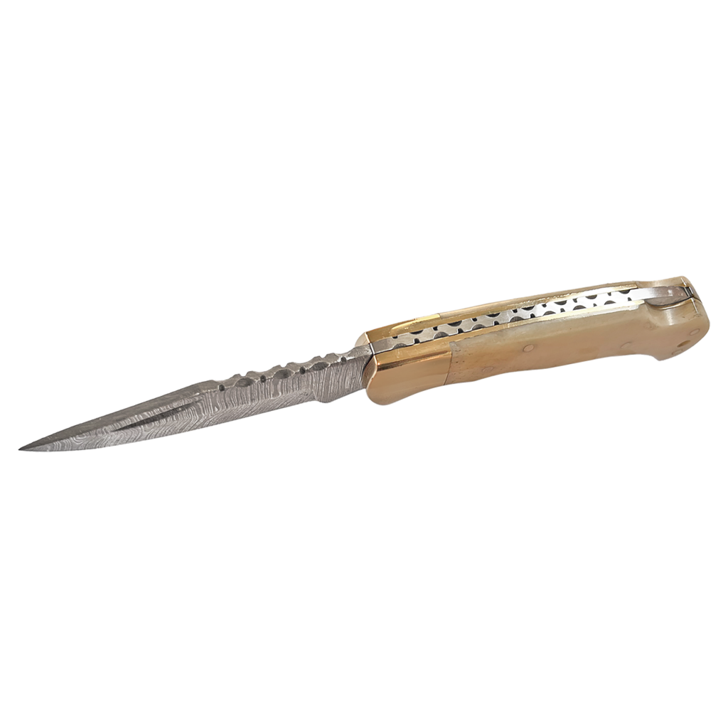 Bison River 3 3/4" Bone Folding Knife with Damascus Steel Blade and Leather Sheath