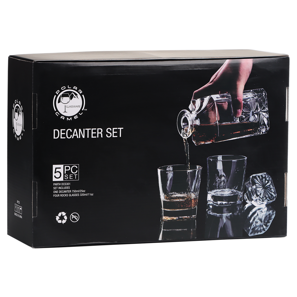 750ml Square Glass Decanter Set with Four DG301S 11 oz. Glasses in a Black Gift Box with Printed Paper Sleeve