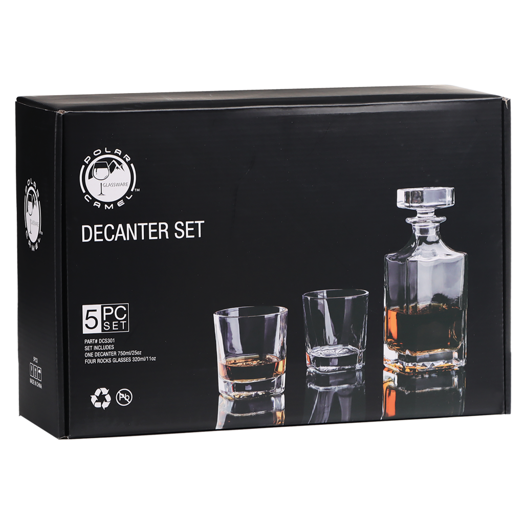 750ml Square Glass Decanter Set with Four DG301S 11 oz. Glasses in a Black Gift Box with Printed Paper Sleeve