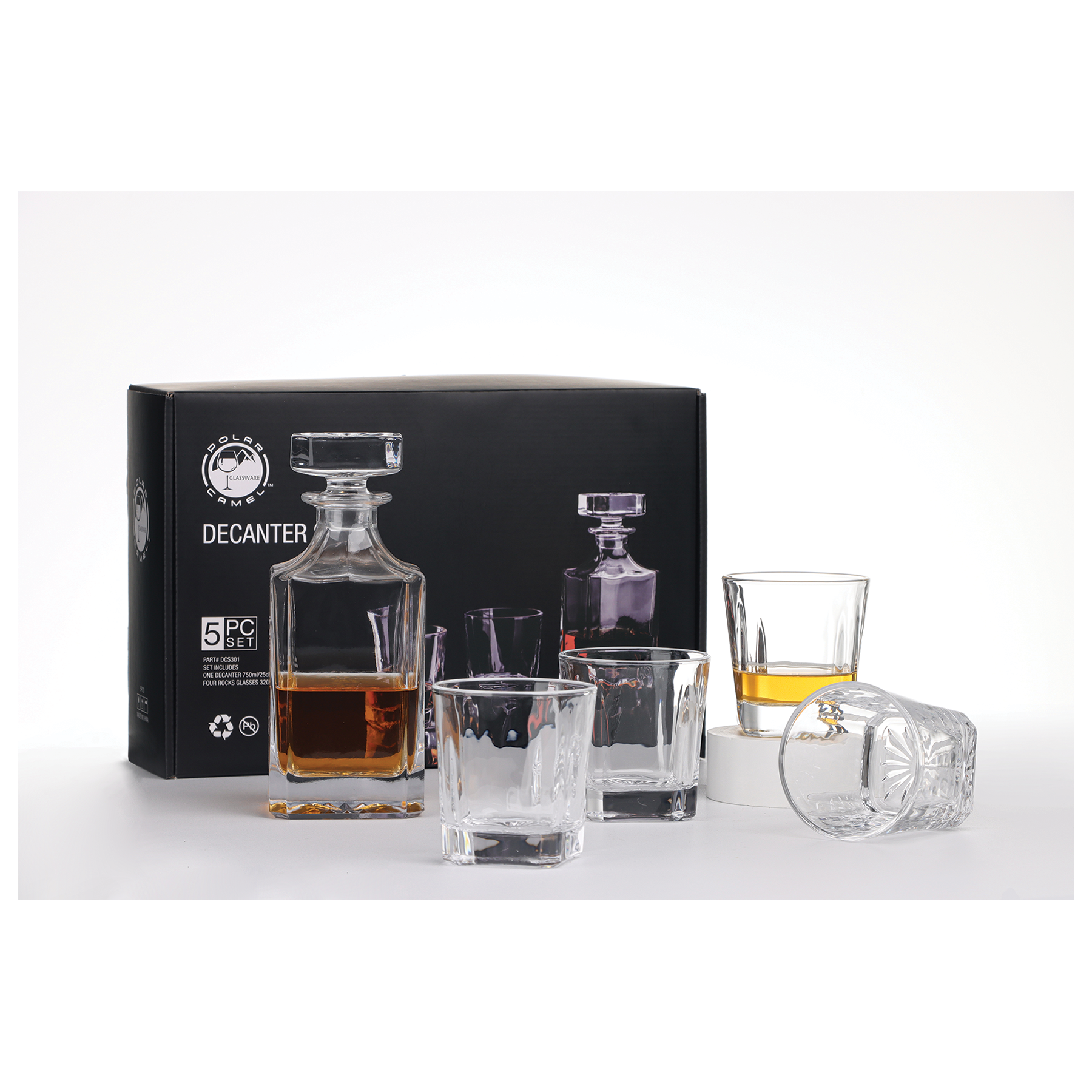 750ml Square Glass Decanter Set with Four DG301S 11 oz. Glasses in a Black Gift Box with Printed Paper Sleeve