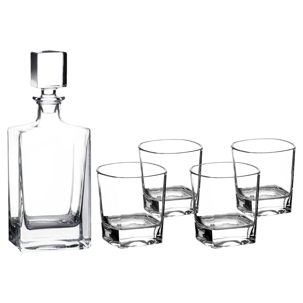 810ml Rectangle Glass Decanter Set with Four DG351S 8 oz. Glasses in a Black Gift Box with Printed Paper Sleeve