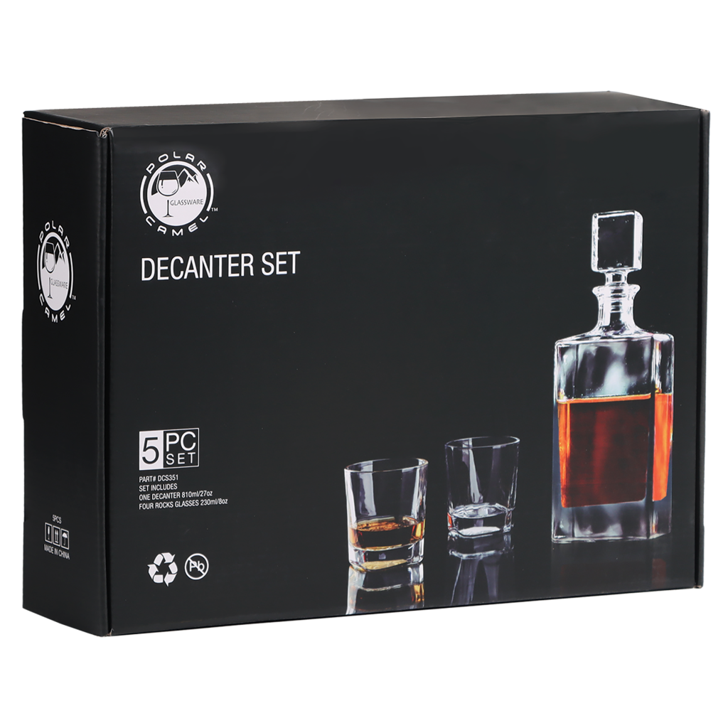 810ml Rectangle Glass Decanter Set with Four DG351S 8 oz. Glasses in a Black Gift Box with Printed Paper Sleeve