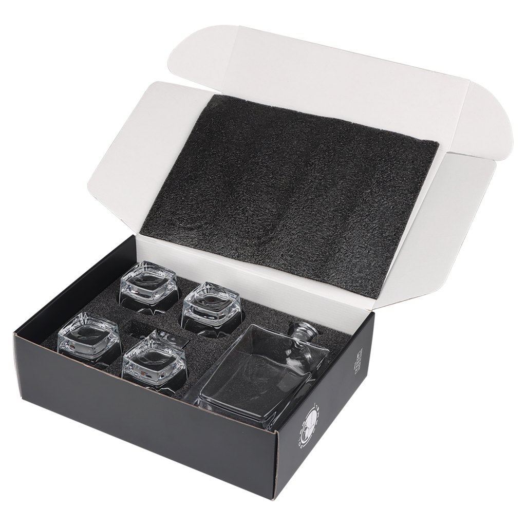 810ml Rectangle Glass Decanter Set with Four DG351S 8 oz. Glasses in a Black Gift Box with Printed Paper Sleeve