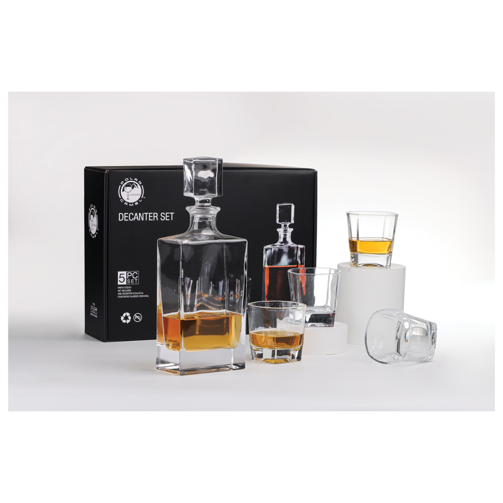 810ml Rectangle Glass Decanter Set with Four DG351S 8 oz. Glasses in a Black Gift Box with Printed Paper Sleeve