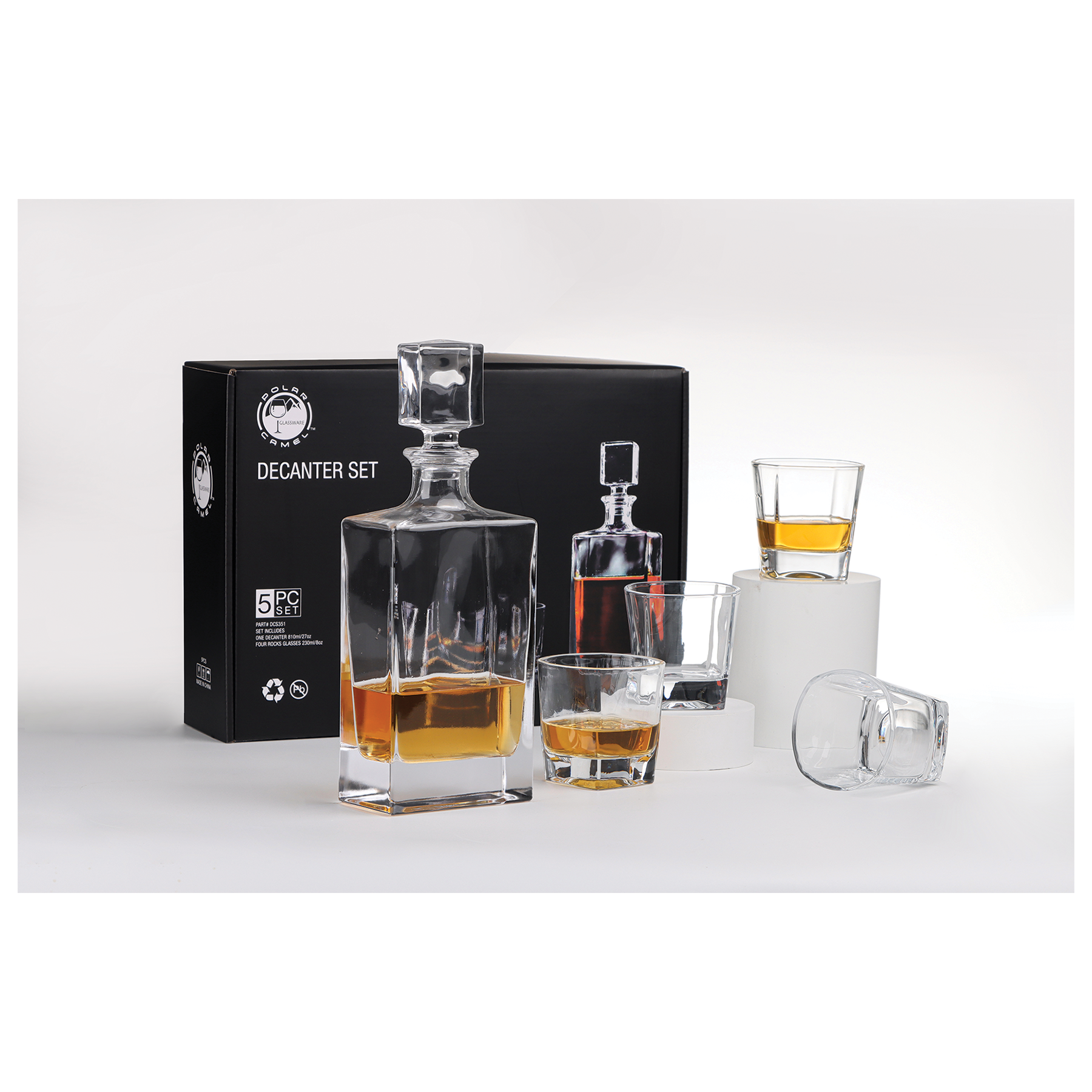 810ml Rectangle Glass Decanter Set with Four DG351S 8 oz. Glasses in a Black Gift Box with Printed Paper Sleeve