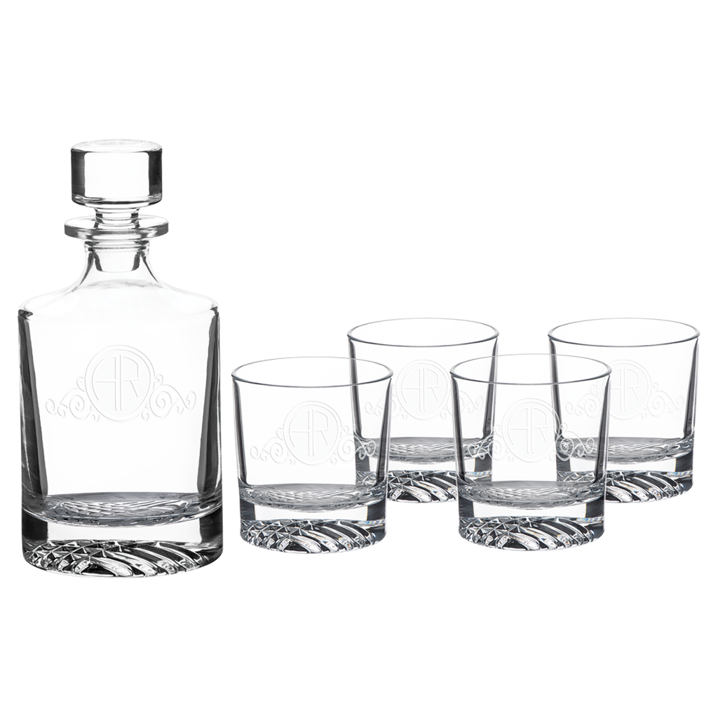 850ml Round Glass Decanter Set with Four DG401S 9 oz. Glasses in a Black Gift Box with Printed Paper Sleeve