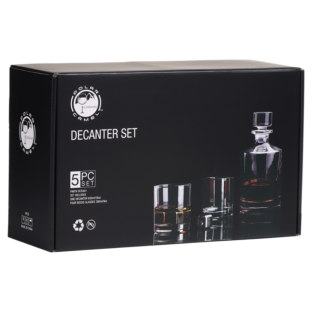 850ml Round Glass Decanter Set with Four DG401S 9 oz. Glasses in a Black Gift Box with Printed Paper Sleeve