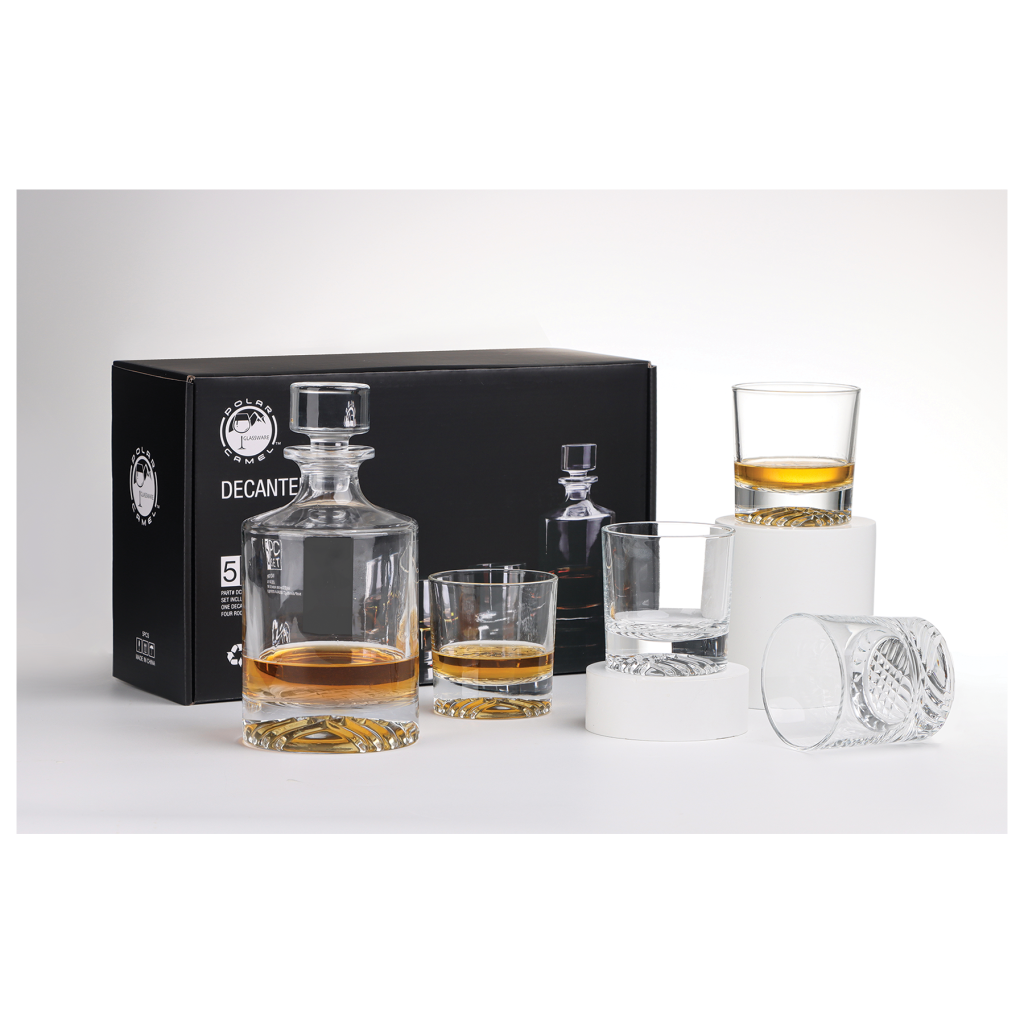 850ml Round Glass Decanter Set with Four DG401S 9 oz. Glasses in a Black Gift Box with Printed Paper Sleeve