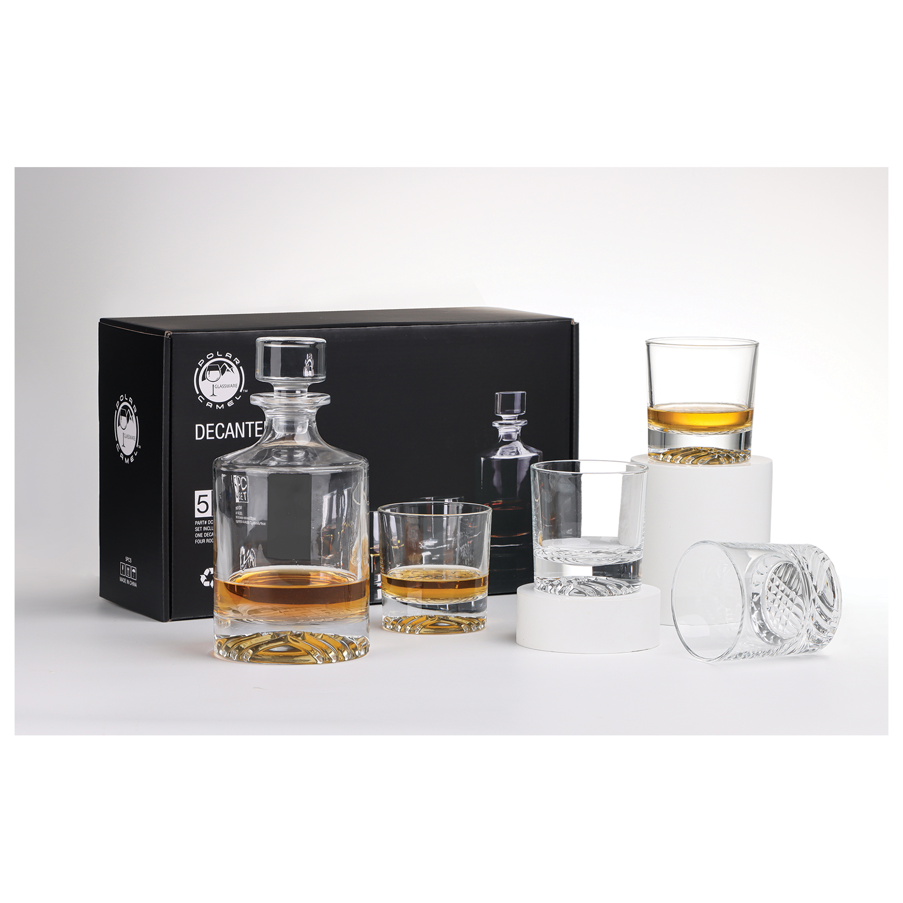 850ml Round Glass Decanter Set with Four DG401S 9 oz. Glasses in a Black Gift Box with Printed Paper Sleeve