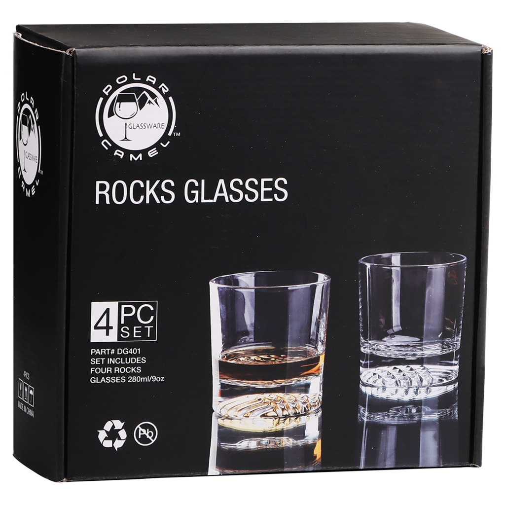9 oz. Round Rocks Glass Sold in Sets of 4 Comes in a Black Printed Gift Box