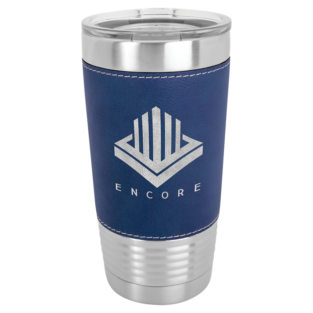 Polar Camel 20 oz. Blue/Silver Laserable Leatherette Tumbler with Clear Lid