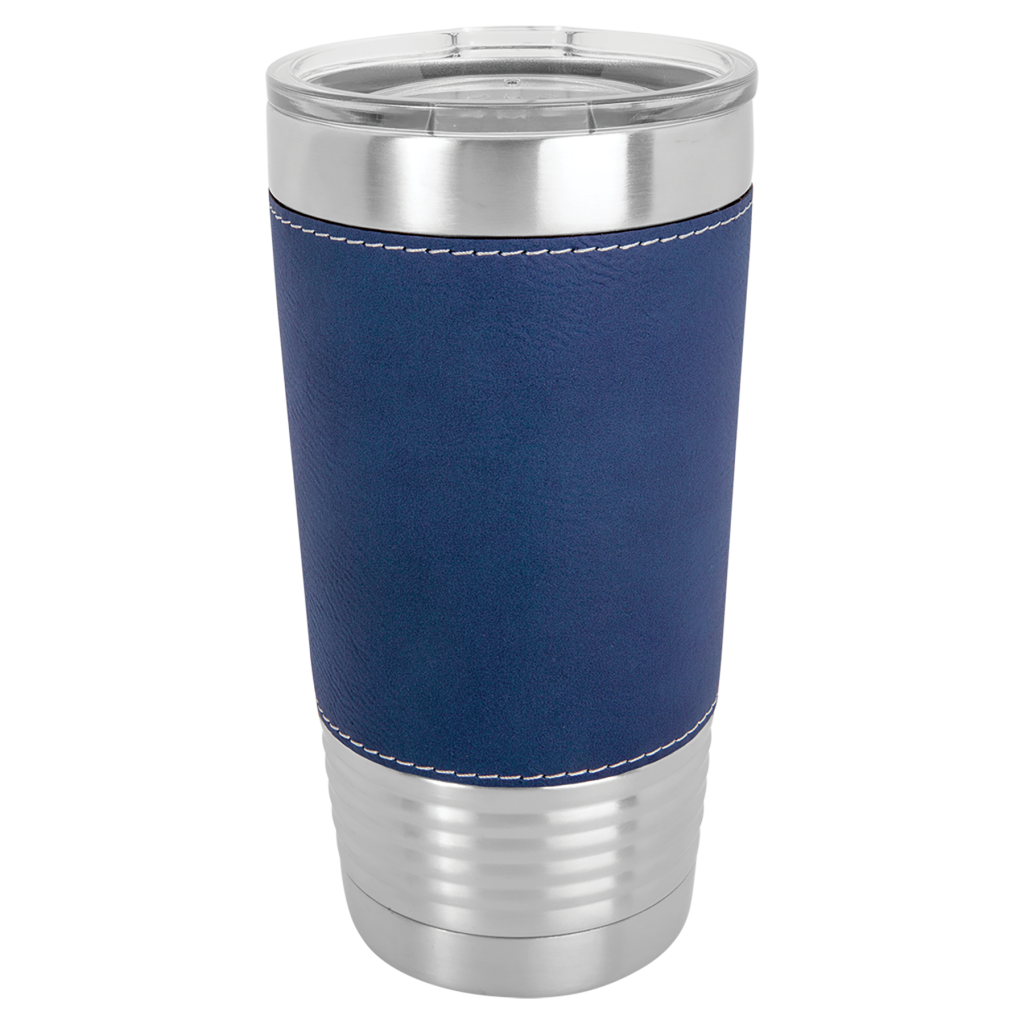 Polar Camel 20 oz. Blue/Silver Laserable Leatherette Tumbler with Clear Lid
