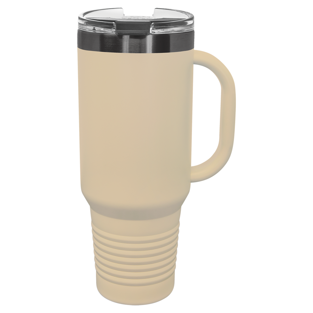 Polar Camel 40 oz. Warm Sand/Ghost Black ION-Plated Travel Mug with Handle, Straw Included