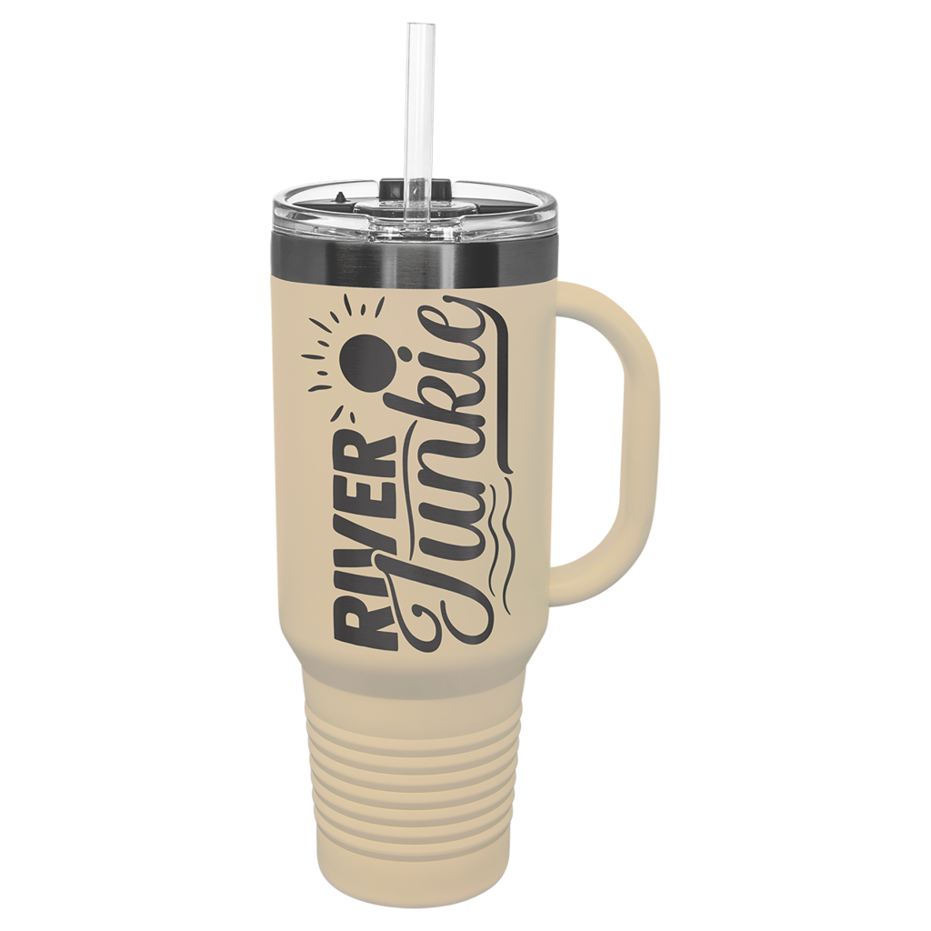 Polar Camel 40 oz. Warm Sand/Ghost Black ION-Plated Travel Mug with Handle, Straw Included
