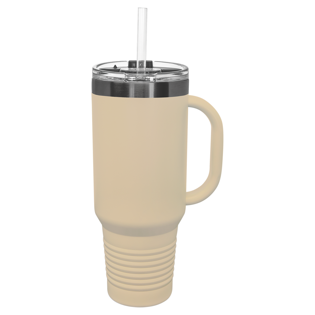 Polar Camel 40 oz. Warm Sand/Ghost Black ION-Plated Travel Mug with Handle, Straw Included