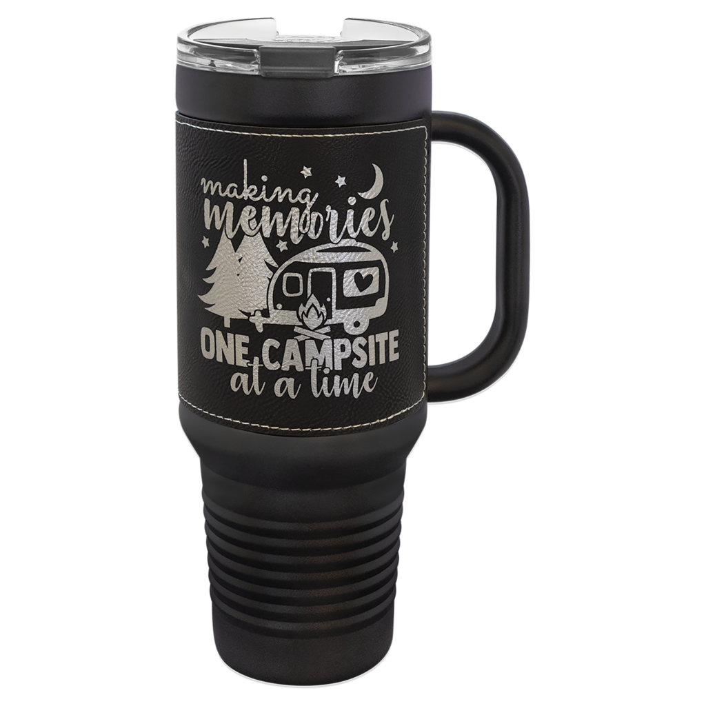 Polar Camel 40 oz. Black with Black/Silver Laserable Leatherette Travel Mug with a Handle, Straw Included