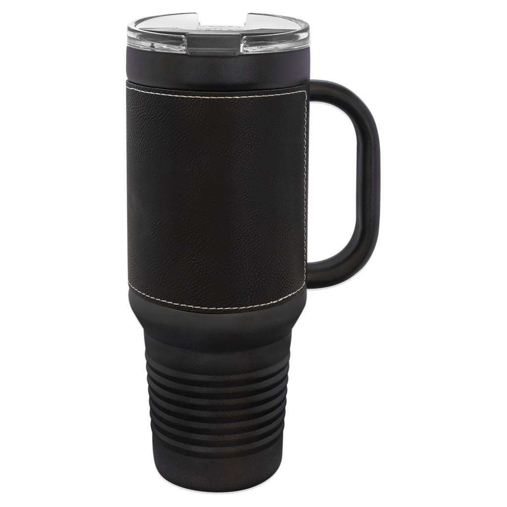 Polar Camel 40 oz. Black with Black/Silver Laserable Leatherette Travel Mug with a Handle, Straw Included