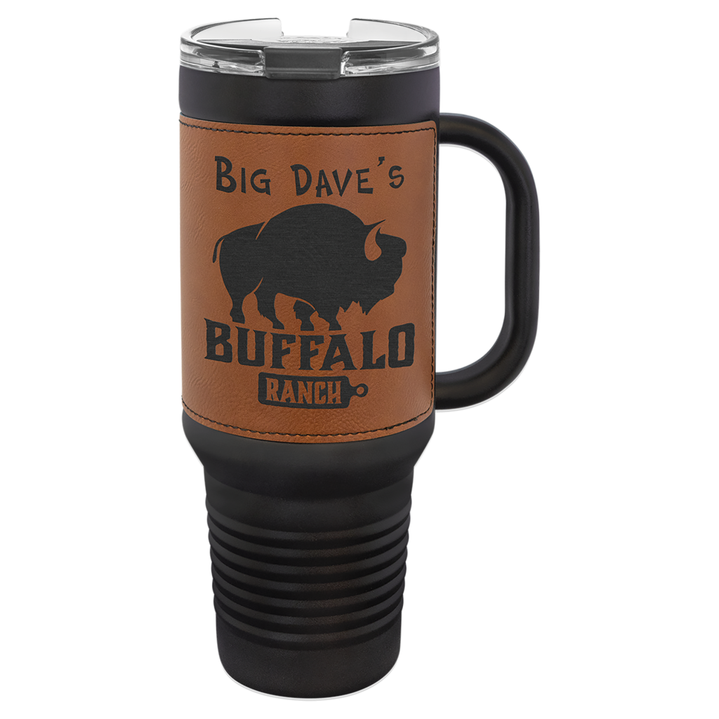 Polar Camel 40 oz. Black with Rawhide Laserable Leatherette Travel Mug with a Handle, Straw Included