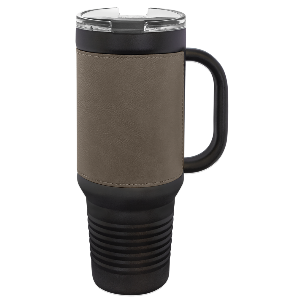 Polar Camel 40 oz. Black with Gray Laserable Leatherette Travel Mug with a Handle, Straw Included