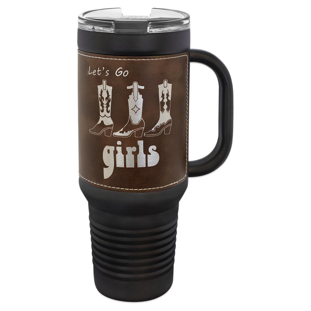 Polar Camel 40 oz. Black with Rustic/Silver Laserable Leatherette Travel Mug with Handle, Straw Included