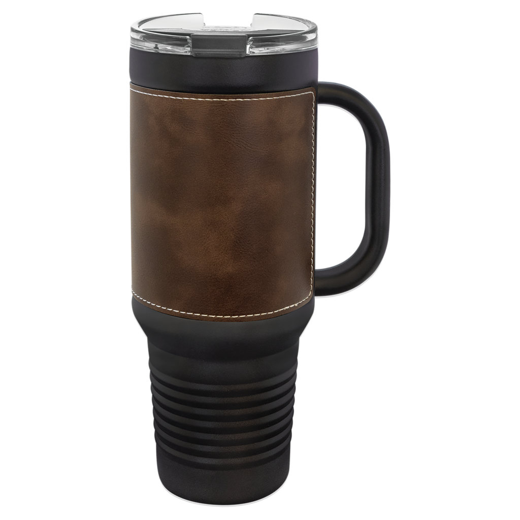 Polar Camel 40 oz. Black with Rustic/Silver Laserable Leatherette Travel Mug with Handle, Straw Included