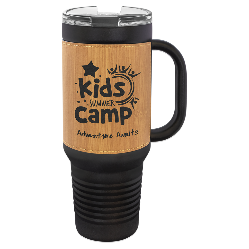 Polar Camel 40 oz. Black with Bamboo Laserable Leatherette Travel Mug with a Handle, Straw Included
