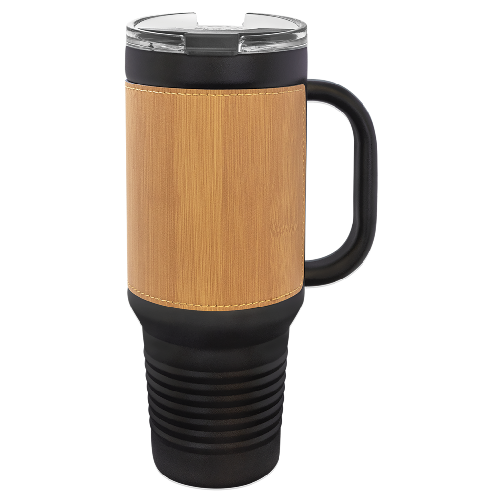 Polar Camel 40 oz. Black with Bamboo Laserable Leatherette Travel Mug with a Handle, Straw Included
