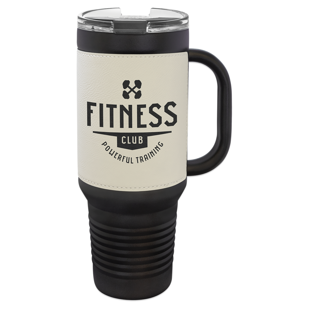 Polar Camel 40 oz. Black with White Laserable Leatherette Travel Mug with a Handle, Straw Included
