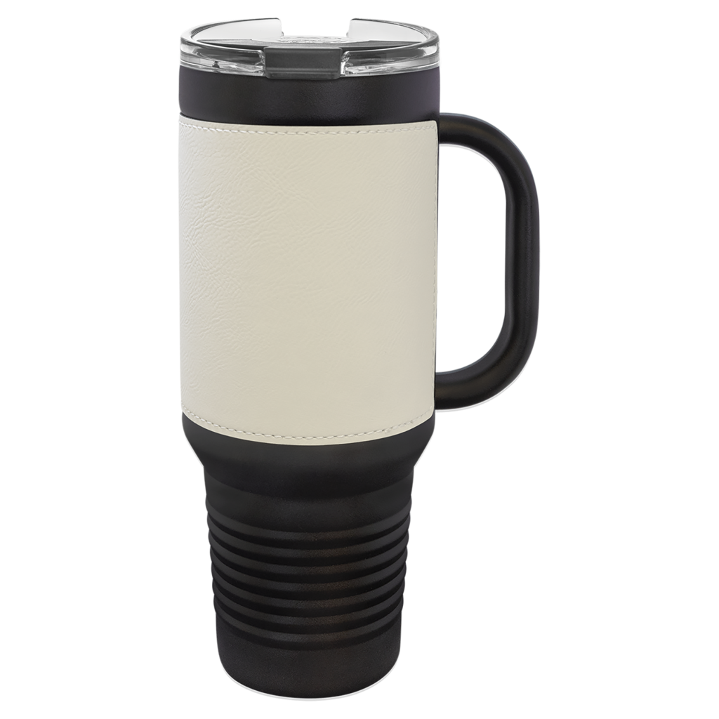 Polar Camel 40 oz. Black with White Laserable Leatherette Travel Mug with a Handle, Straw Included