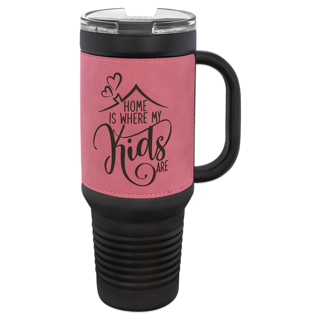 Polar Camel 40 oz. Black with Pink Laserable Leatherette Travel Mug with a Handle, Straw Included