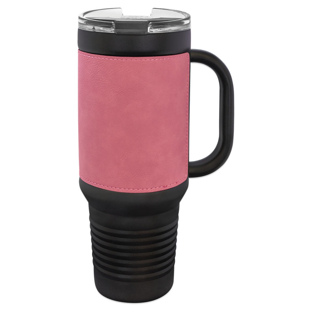 Polar Camel 40 oz. Black with Pink Laserable Leatherette Travel Mug with a Handle, Straw Included