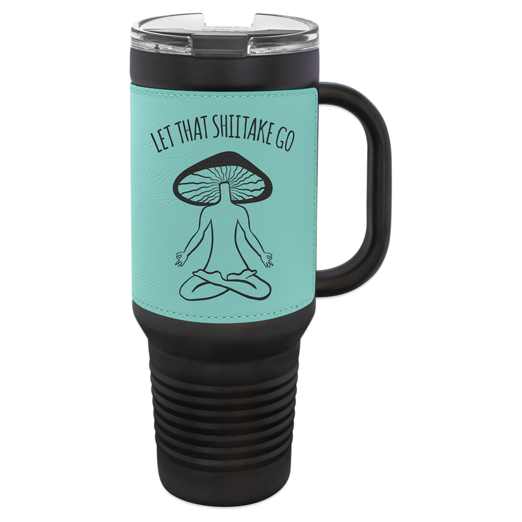 Polar Camel 40 oz. Black with Teal Laserable Leatherette Travel Mug with a Handle, Straw Included