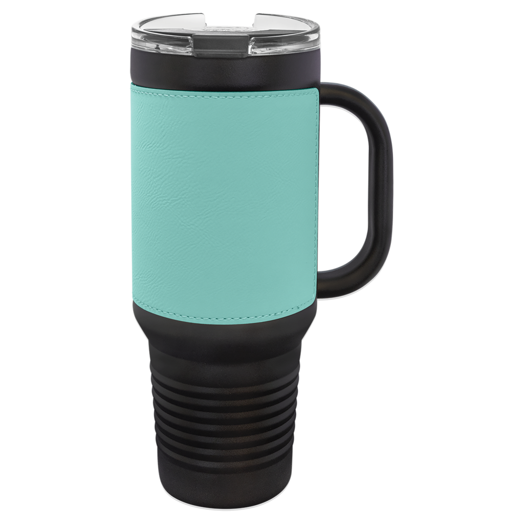 Polar Camel 40 oz. Black with Teal Laserable Leatherette Travel Mug with a Handle, Straw Included