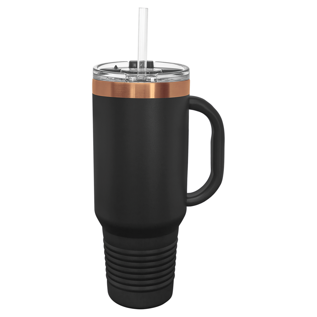 Polar Camel 40 oz. Black/Rose Gold ION-Plated Travel Mug with Handle, Straw Included