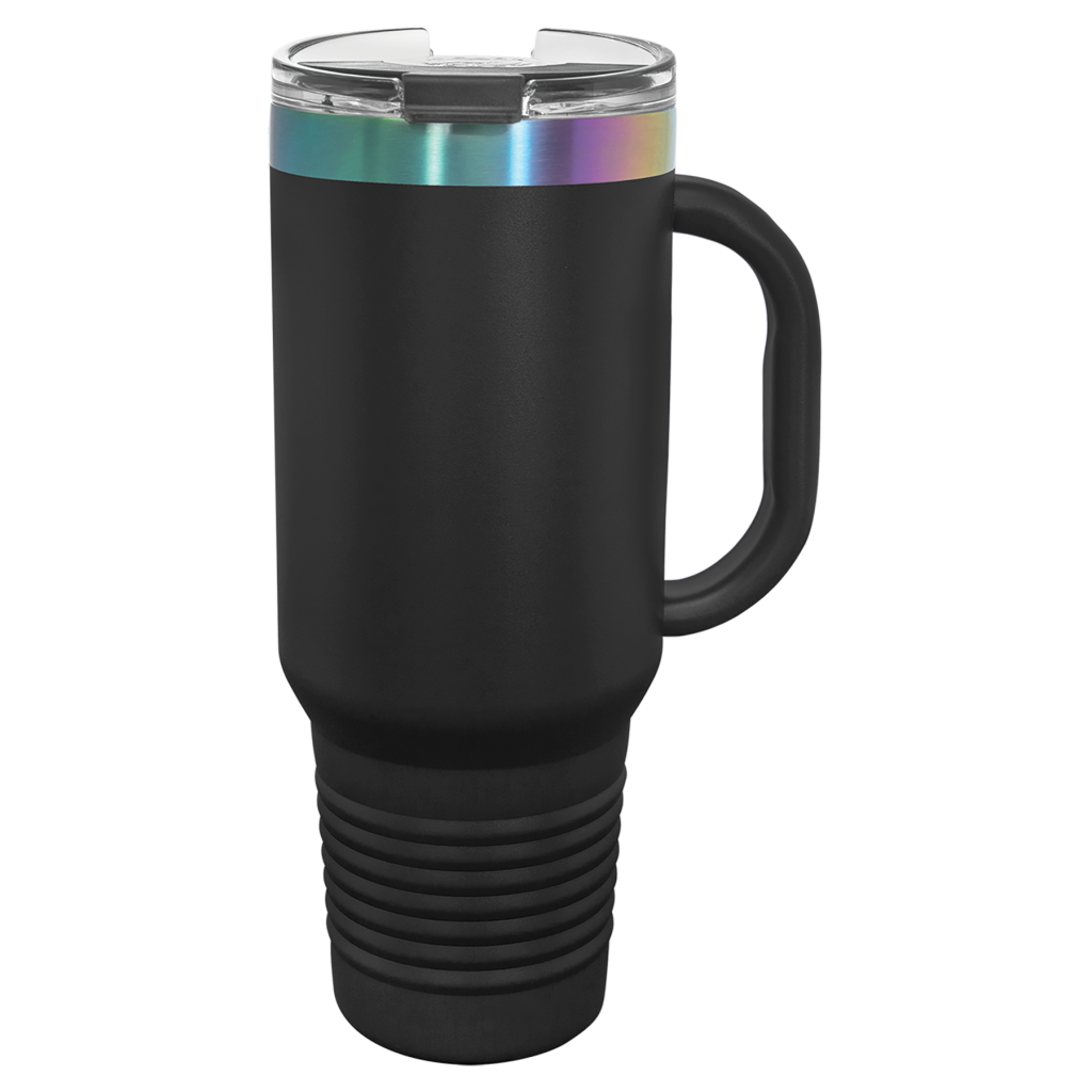 Polar Camel 40 oz. Black/Prism ION-Plated Travel Mug with Handle, Straw Included