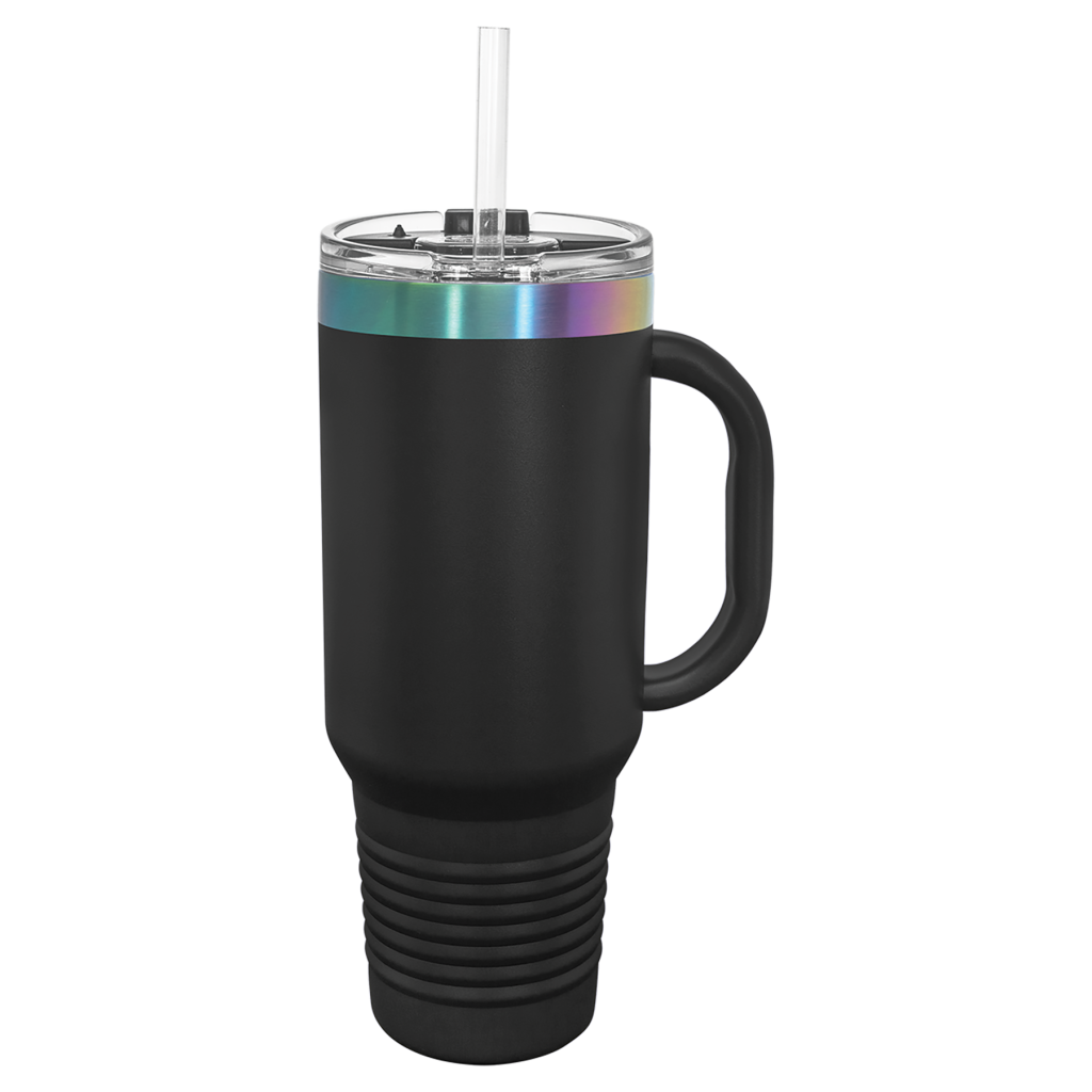 Polar Camel 40 oz. Black/Prism ION-Plated Travel Mug with Handle, Straw Included