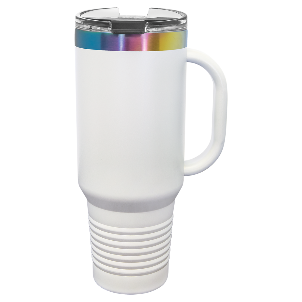 Polar Camel 40 oz. White/Prism ION-Plated Travel Mug with Handle, Straw Included
