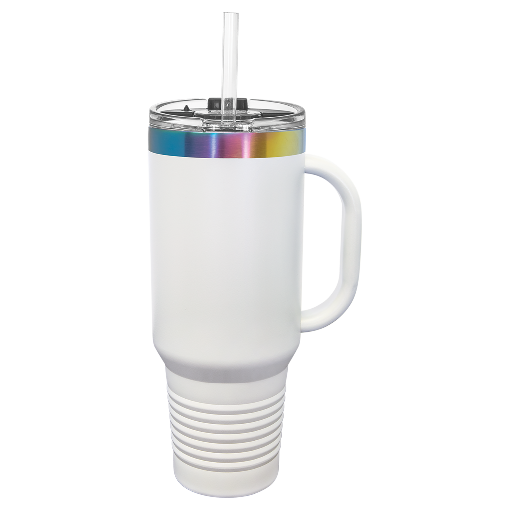 Polar Camel 40 oz. White/Prism ION-Plated Travel Mug with Handle, Straw Included