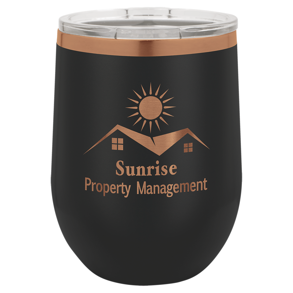 Polar Camel 12 oz. Black/Rose Gold ION-Plated Stemless Wine Tumbler with Lid